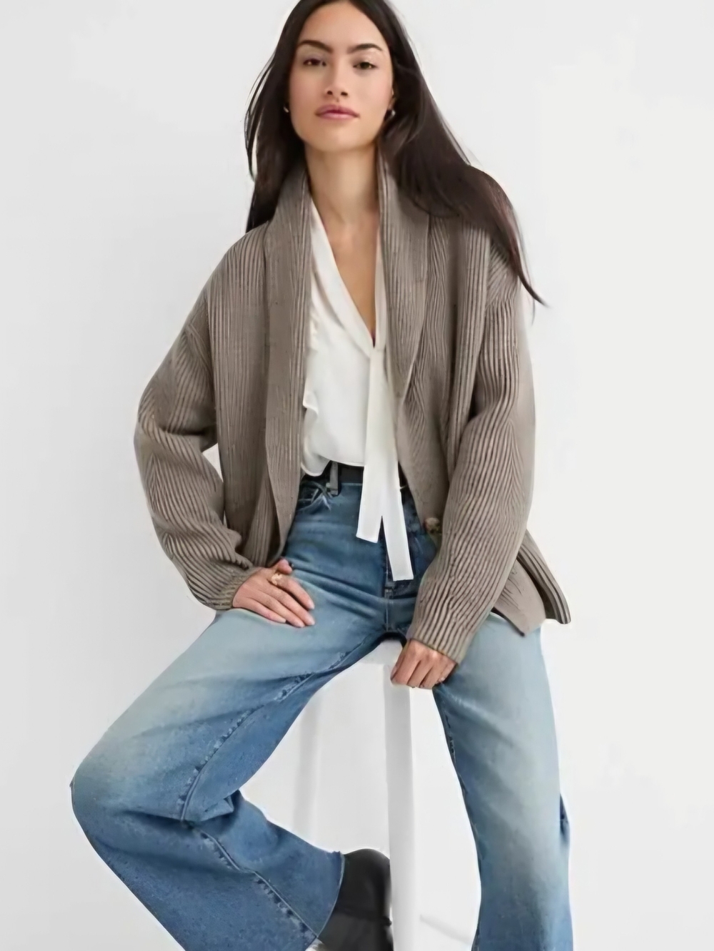 LOFT Taupe Ribbed Shawl-Collar Cardigan